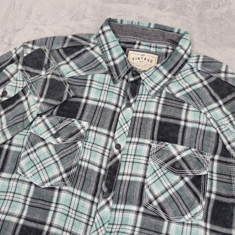 BKE Vintage Mens XL Athletic Fit Teal Black Plaid Snap Front Western Shirt